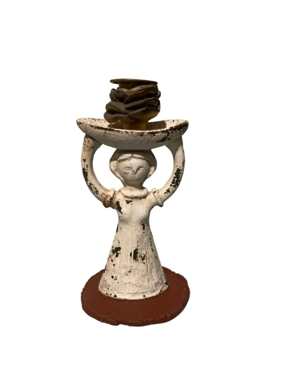 Old Chippy Rusty Cast Iron Scandinavian Style Candle Holder Girl With Basket